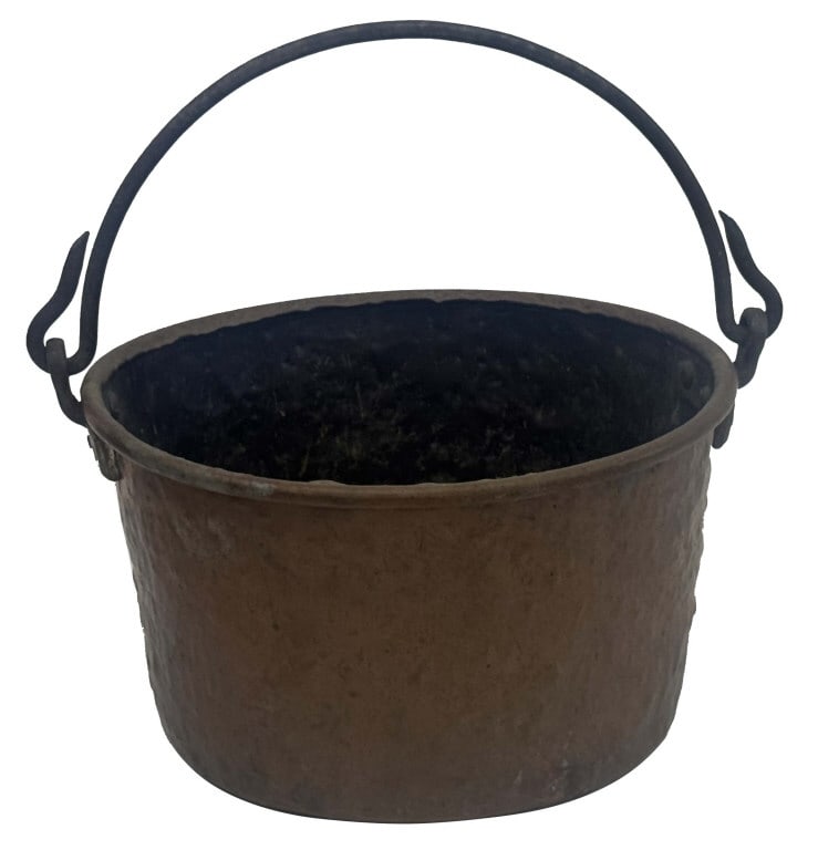 LARGE 19THC. COPPER BUCKET W/ HAND WROUGHT IRON BALE HANDLE, OLD BLACKSMITH REPAIR 22" DIAM: LARGE 19THC. COPPER BUCKET W/ HAND WROUGHT IRON BALE HANDLE, OLD BLACKSMITH REPAIR 22" DIAM