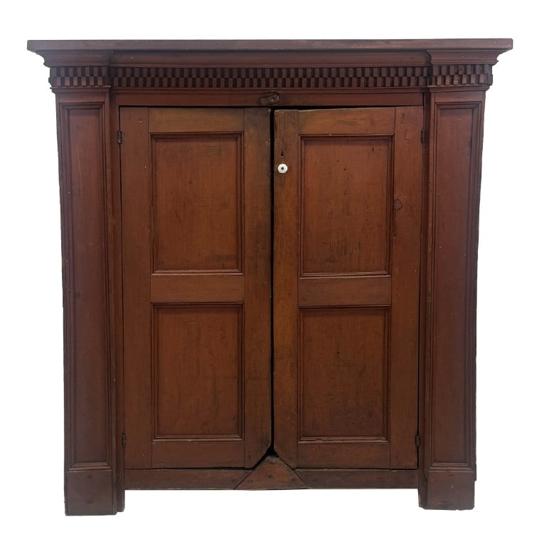 EARLY 19THC. RED TWO DOOR CUPBOARD, DOUBLE DENTAL CORNICE, REPLACEMENT MOLDING 51 1/2" X 47 3/4" X (1 of 6)