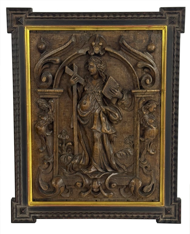 C.1600 "THE VIRTURE OF FAITH" CARVED WOODEN PANEL PROV. FISKE & FREEMAN 17 3/4" X 14 1/4" OVERALL (1 of 4)