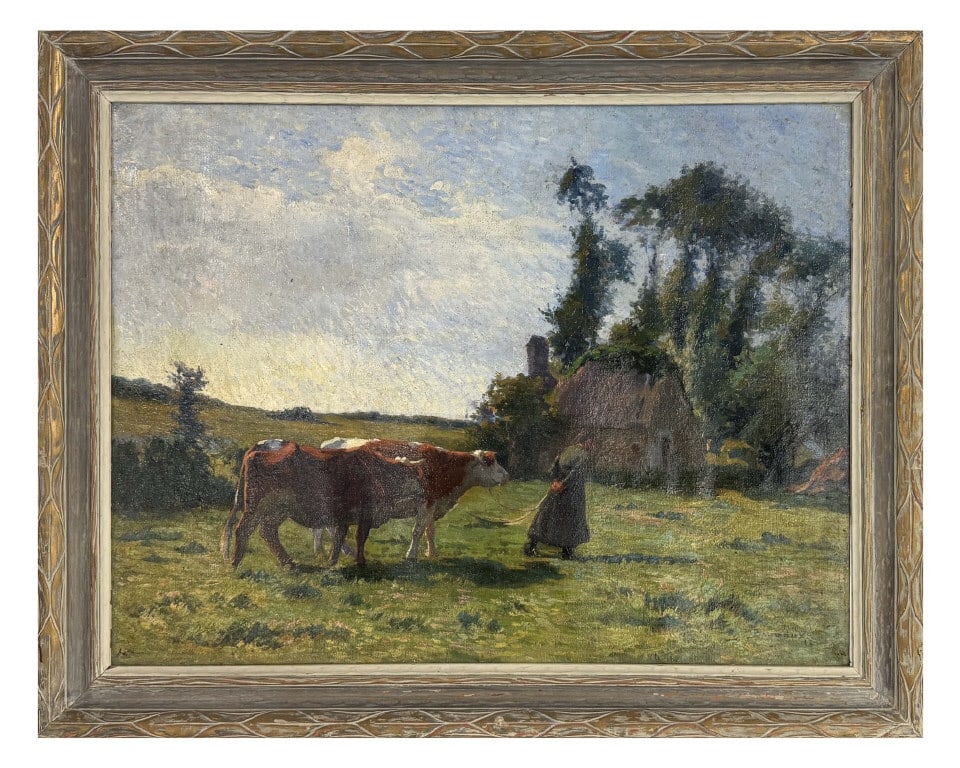 OIL / CANVAS, E. BAUDOUX "PASTURE SCENE" EMILE BAUDOUX 1850 - 1929 22" X 29": OIL / CANVAS, E. BAUDOUX "PASTURE SCENE" EMILE BAUDOUX 1850 - 1929 22" X 29"