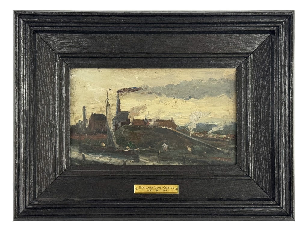 OIL/ PANEL SIGNED CORTEZ "INDUSTRIAL COMPLEX" (EDOUARD LEON CORTES 1892 - 1969) 5 7/8" X 9 5/8" (1 of 6)