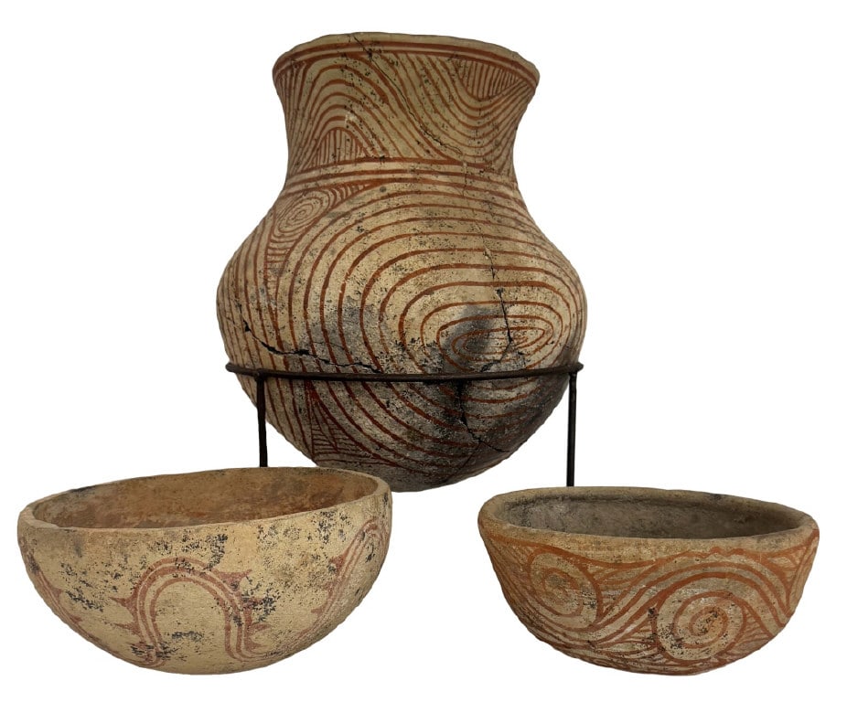 3 EARLY TO LATE PERIOD BAN CHIANG BRONZE AGE POTS (1500BC - 2000 AD) COMPLEX RED ON BUFF DESIGNS (1 of 12)