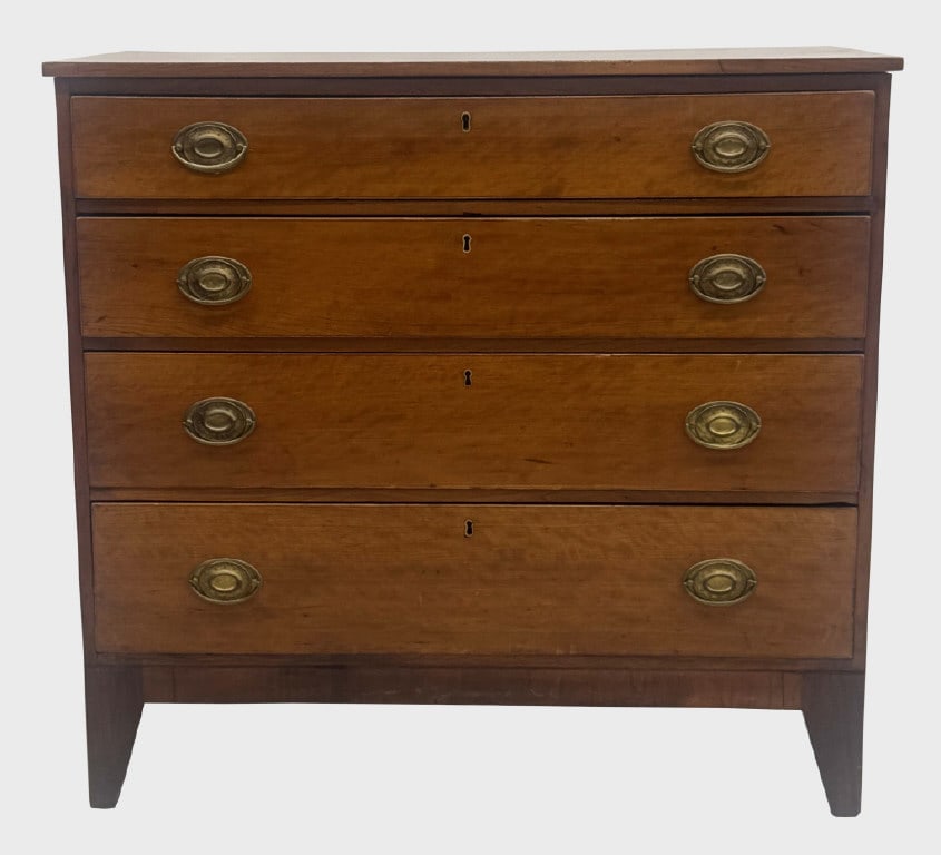 COUNTRY FIGURED CHERRY FOUR DRAWER CHEST INSCRIBED PT DEYO BINGHAMTON, NY (REPLACED BRASSES) 38 3/4": COUNTRY FIGURED CHERRY FOUR DRAWER CHEST INSCRIBED PT DEYO BINGHAMTON, NY (REPLACED BRASSES) 38 3/4" X 40" X 19 1/4"