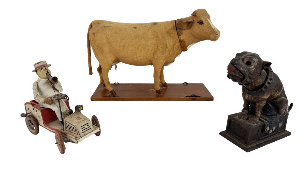 CAST IRON BULL DOG BANK, TUT TUT WIND UP & COW PULL TOY (1 of 7)