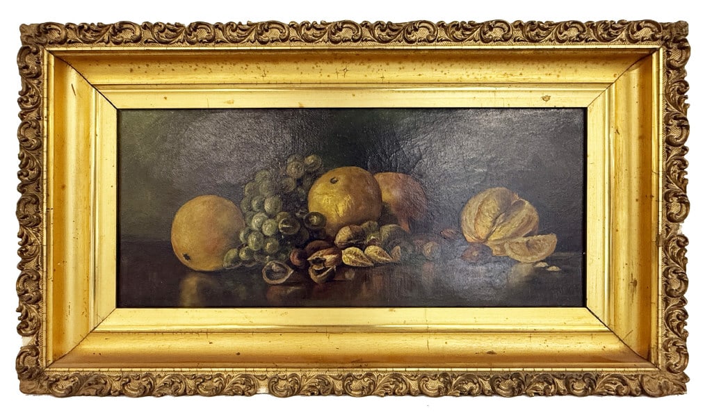 OIL / CANVAS STILL LIFE OF ORANGES, NUTS & GRAPES 8" X 19" (1 of 6)