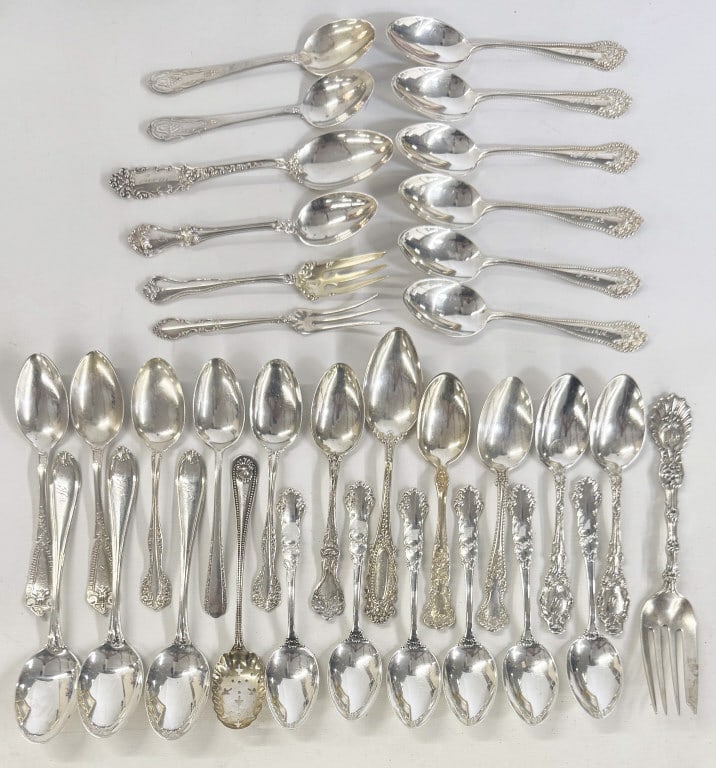 34 PCS ASSORTED STERLING SILVER INC. SPOONS & FORKS APPROX. 28 TROY OZ (1 of 10)