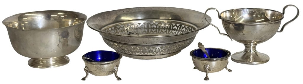 GROUP OF STERLING SILVER TABLE ARTICLES, INC. SUGAR POT, OPENS SALTS & 2 BOWLS APPROX. 14.38 TROY OZ (1 of 6)