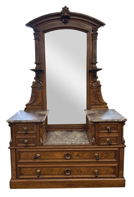 WALNUT MARBLE TOP DROP FRONT CHEST WITH MIRROR 87 1/2" X 54 1/2" X 21 1/2" (1 of 10)