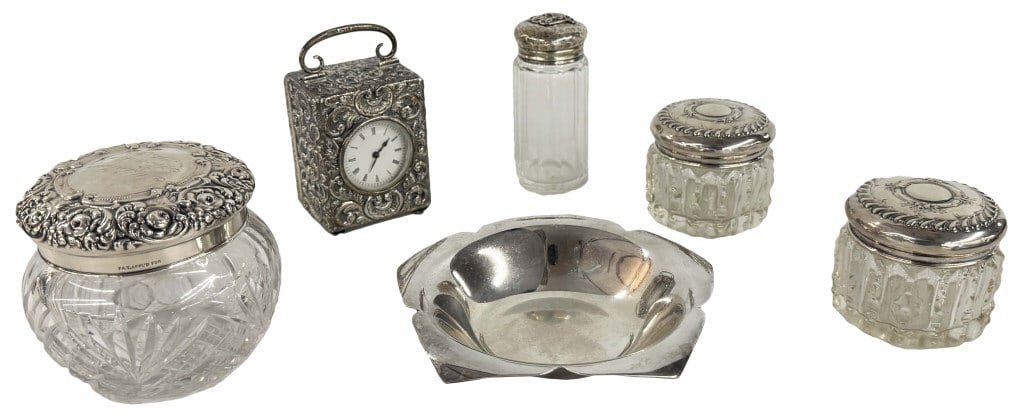 CRYSTAL & STERLING DRESSER JARS & STERLING CASED CLOCK, WORKING & TIFFANY STERL. LOTUS BOWL APPROX. (1 of 8)