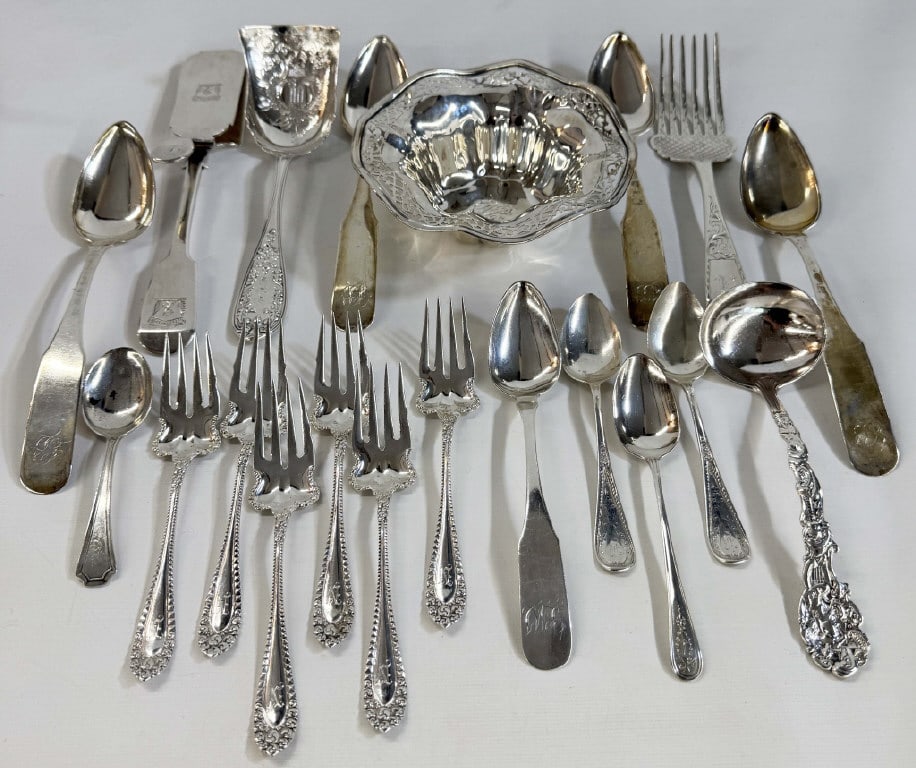 STERLING & COIN SILVER INC CANADIAN TONGS, MYTHOLOGIQUE LADLE, ASST'D SPOONS, ETC. APPROX. 34.3 (1 of 13)