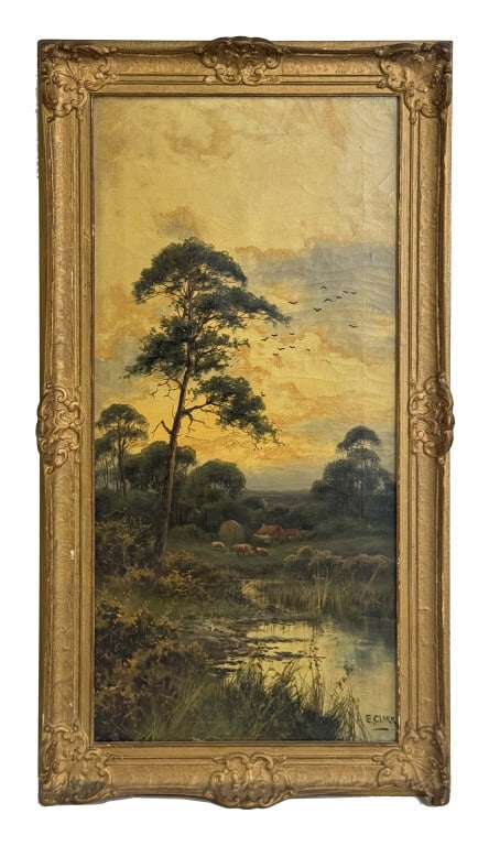 OIL/ CANVAS, E. CLARK "LATE IN THE DAY" ELLIOT CLARK (1883- 1980) 24" X 12" (1 of 5)