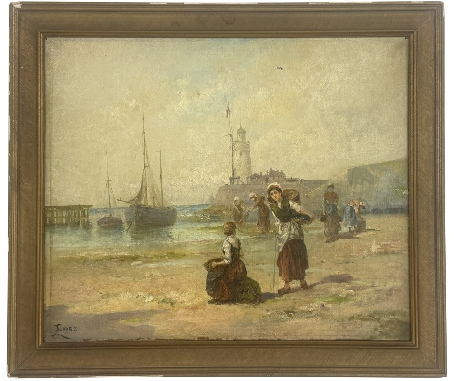 OIL/ CANVAS DUTCH HABOR SCENE SGND LOPEZ ? 15" X 18" (1 of 5)