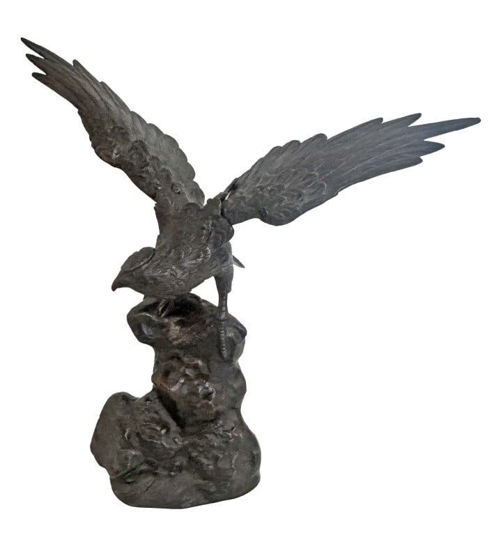 20THC. BRONZE FALCON IN DARK BROWN PATINA 15 1/2" X 15 3/4" X 7 3/4" (1 of 3)