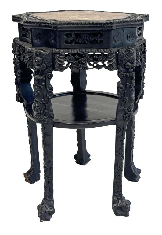 HEAVILY CARVED TEAKWOOD CHINESE JARDINIERE TABLE WITH INSET MARBLE 31 1/2" X 22" (1 of 4)
