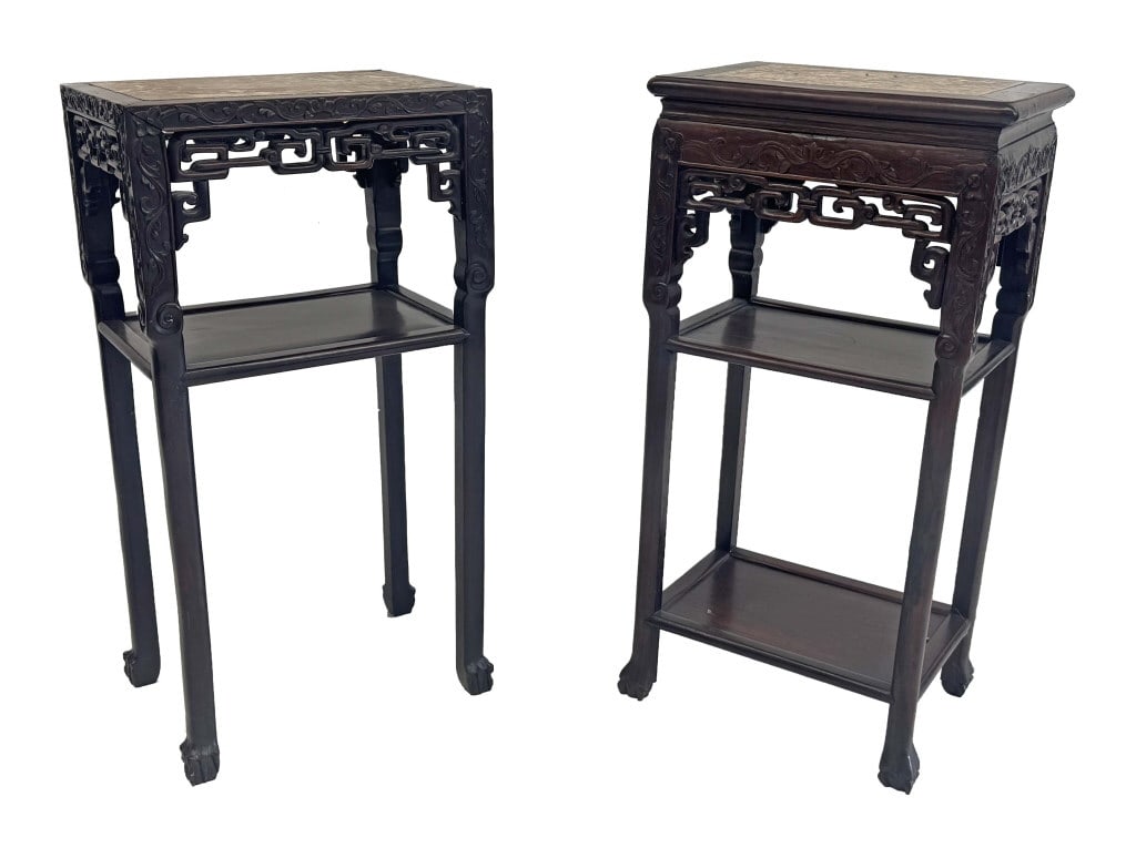 2 CARVED CHINESE HARDWOOD STANDS W/ MARBLE INSERTS 32" X 16" X 12" & 32" X 15 3/4" X 12 3/4": 2 CARVED CHINESE HARDWOOD STANDS W/ MARBLE INSERTS 32" X 16" X 12" & 32" X 15 3/4" X 12 3/4"