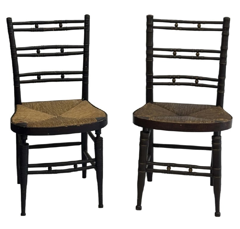 2 BAMBOO TURNED SHERATON FANCY CHAIRS GOOD SEATS 33 3/4" X 17 1/2" X 16 1/4" & 34 1/4" X 18 1/2" X (1 of 3)