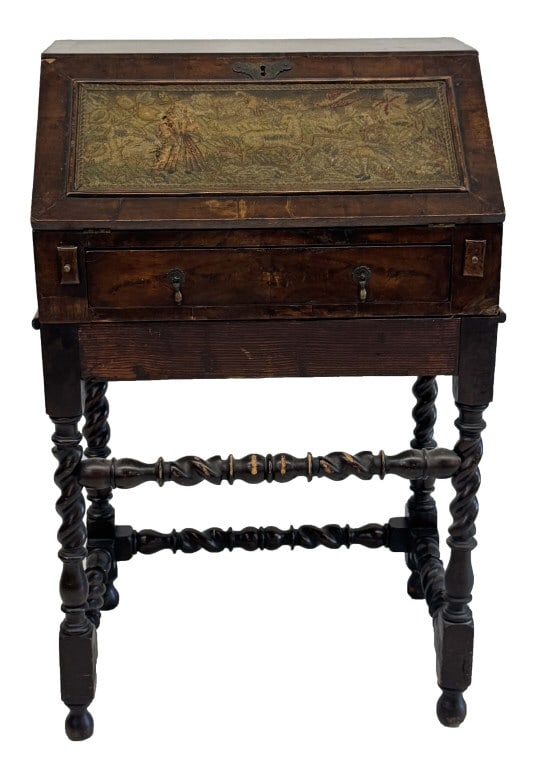 DIMINUTIVE EDWARDIAN LADIES DESK ON FRAME TAPESTRY PANEL 37" X 23" X 16 1/2": DIMINUTIVE EDWARDIAN LADIES DESK ON FRAME TAPESTRY PANEL 37" X 23" X 16 1/2"