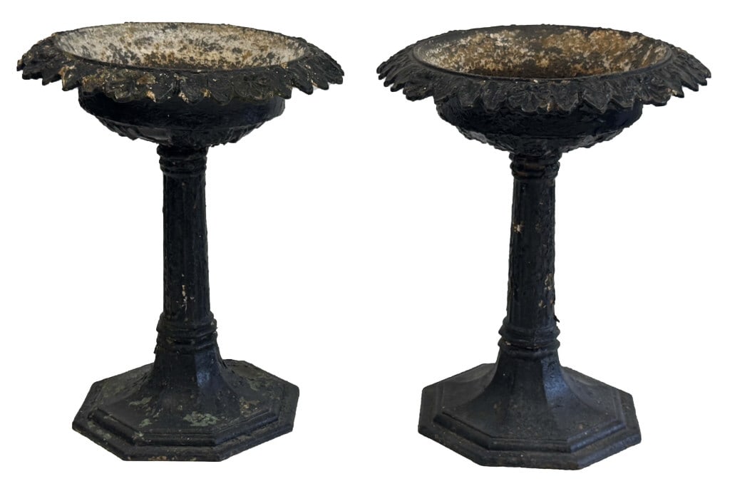 PR OF CAST IRON GARDEN URNS ON FLUTED COLUMNS AND OCTAGONAL BASES 31" X 24" (1 of 4)