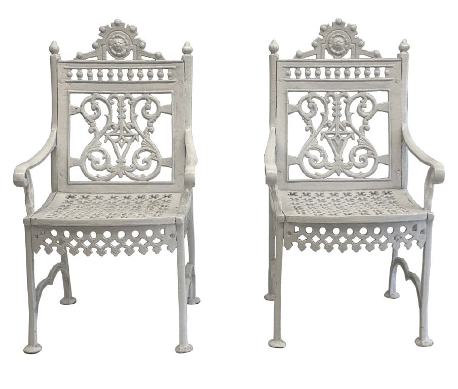 PR OF 19THC. CAST IRON "CURTAIN" CHAIRS 36" X 20" X 14" (1 of 8)