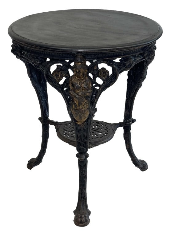 CAST IRON PUB TABLE W/ WOODEN TOP 28" X 24" DIAM (1 of 3)