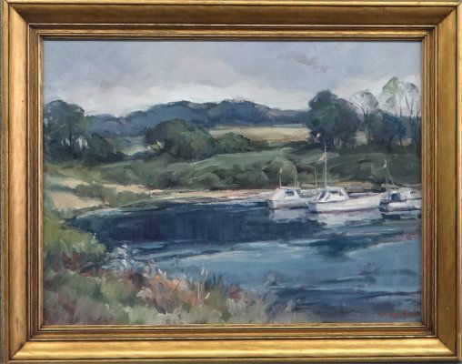 O/Bd "Inlet With Moored Boats" Signed C. ???: Oil On Board "Inlet With Moored Boats" Signed C. (Illigibly), 17 1/2" X 23 1/2"