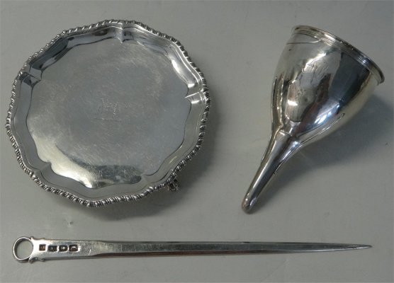 Geo III Sterl Funnel 1787, Salver 1769 & Skewer: Geo III Sterling Wine Funnel 1787, Salver 1769 & Skewer, Approximately 13.5 Troy Ounces
