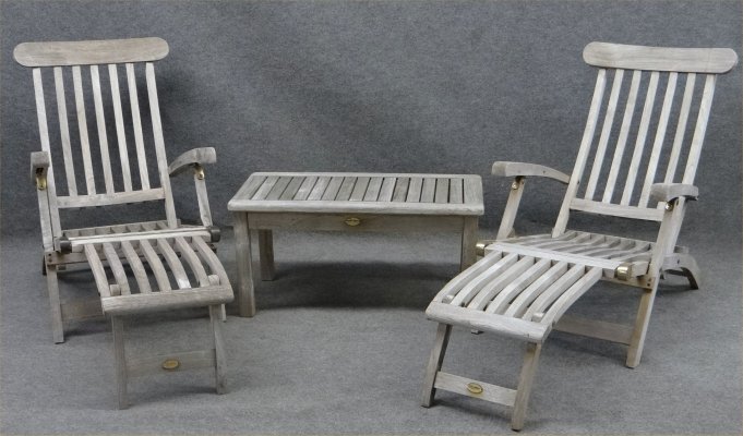 Two Teak Wood Deck Chairs & Matching Table: Two Teak Wood Deck Chairs & Matching Table