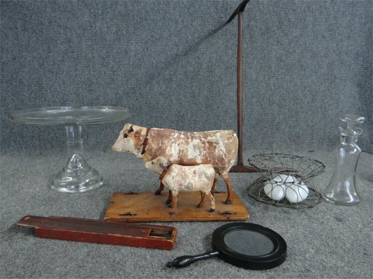 7 Pcs Inc: Cake Dish, Papier Mache Cow,Basket, etc.: Seven Pieces Including: Cake Dish, Papier Mache Cow, Egg Basket, Net Kit, Etc.