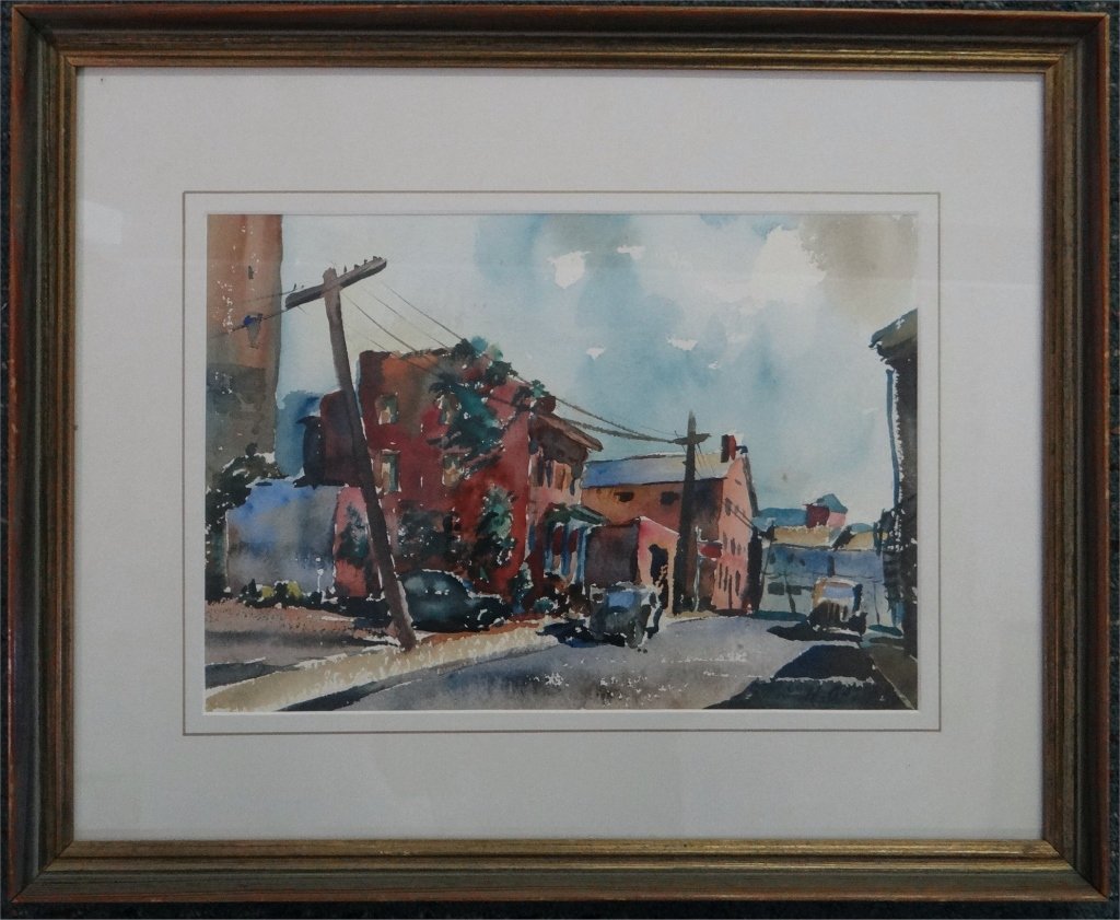 WATERCOLOR SIGNED H. GASSER (HENRY MARTIN GASSER): CITY SCENE NEW HAVEN, MEADOW STREET 15 1/2" X 20"