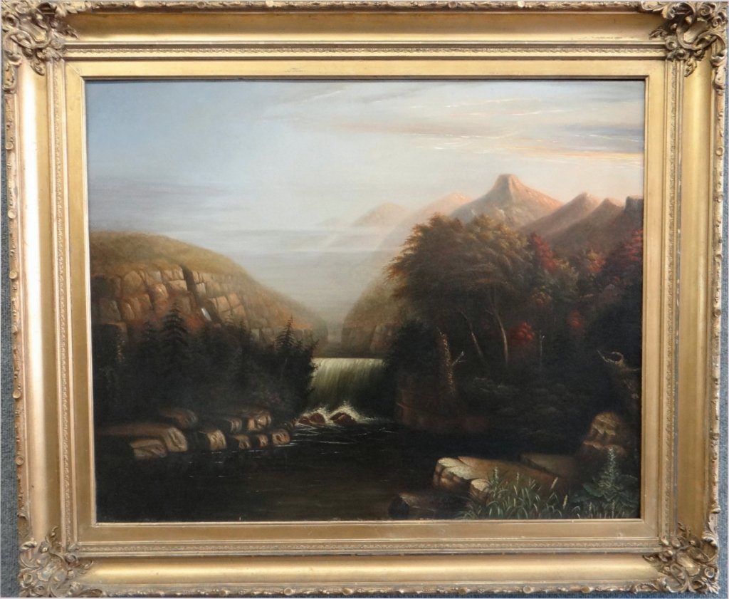 O/ TIN PANEL SIGNED M. MCLEAN MOUNTAIN LANDSCAPE: ORIGINAL FRAME 28" X 34"