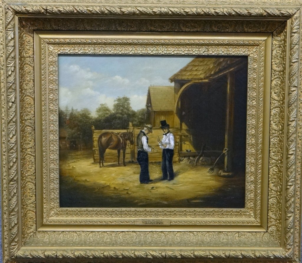 O/C SIGNED W. HAHNE'83 "CUTTING THE DEAL": ON BOSTON CANVAS, AFTER WILLIAM SIDNEY MOUNT 14" X 17"