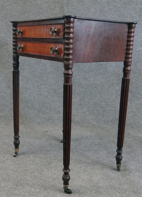 BOSTON SHERATON REEDED LEG 2 DRAWER WORK TABLE: FIGURED MAPLE DRAWER FRONTS