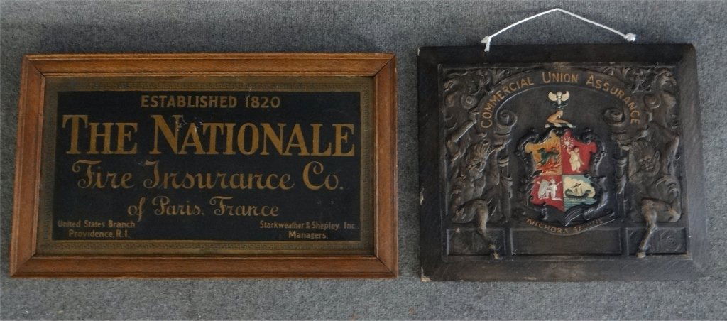 TWO INSURANCE CO ADVERTISING SIGNS: THE NATIONAL FIRE INSURANCE CO. OF PARIS FRANCE ON TIN 13 1/2" X 25 1/2" & COMMERCIAL UNION ASSURANCE SIGN