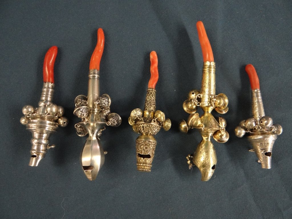 5 STERLING SILVER & CORAL WHISTLE RATTLES: PETER, ANN & WILLIAM BATEMAN 1804, ATKINS 1816, WILMORE 1803, J. TAYLOR 1779