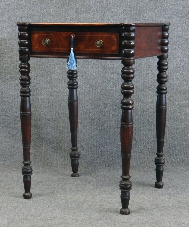 SHERATON ONE DRAWER STAND W/COOKIE CORNERS: MA, C.1820