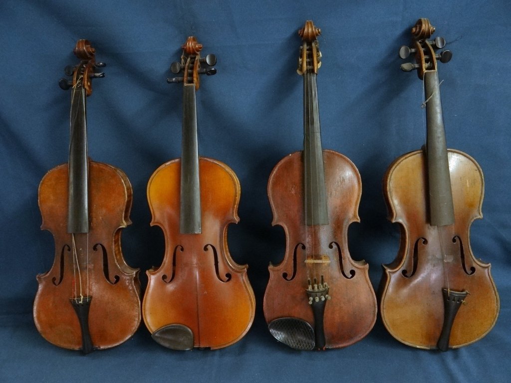 4 GERMAN VIOLINS, 1 MARKED #25 H.B. CONSERVATORY: 2 WITH SPURIOUS STRADIVARIUS LABELS