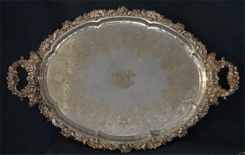ENGLISH SILVER PLATED BUTLERS TEA TRAY 29" LONG: REPLATED BY GORHAM