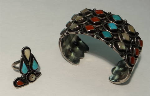 ZUNI SILVER JEWELRY, SGND JIMMIE ETSATE: CORAL & TURQUOISE