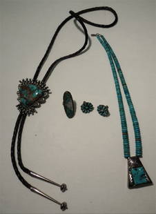 4 PCS OF SILVER & TURQUOISE JEWELRY: SILVER & TURQUOISE 18" NECKLACE, TURQUOISE & SILVER TIE, MOTHER OF PEARL, TURQUOISE & SILVER RING SGND N.LEE & TURQUOISE & STERLING EARRINGS