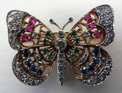 DIAMOND, SAPPHIRE, EMERALD & RUBY BUTTERFLY PIN: SET IN 18K YELLOW GOLD