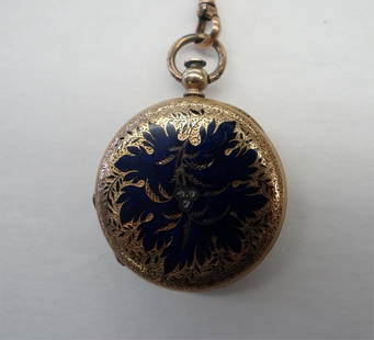 19THC. SWISS 14K GOLD 13 JEWEL LAPEL WATCH: HUNTING CASE WITH ROSE CUT DIAMONDS AND ENAMEL DECORATION BY J.M. SANDOLE