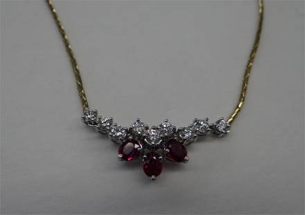 17" RUBY & DIAM. NECKLACE ON 18K GOLD SNAKE CHAIN: 17" RUBY & DIAM. NECKLACE ON 18K GOLD SNAKE CHAIN