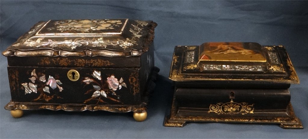 2 PAPIER MACHE NOTIONS BOXES: LARGEST 10 1/2" X 6" TALL