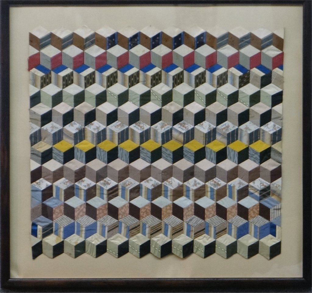 FRAMED 19THC. TUMBLING BLOCK CRIB QUILT: 27" X 25" QUILT SIZE