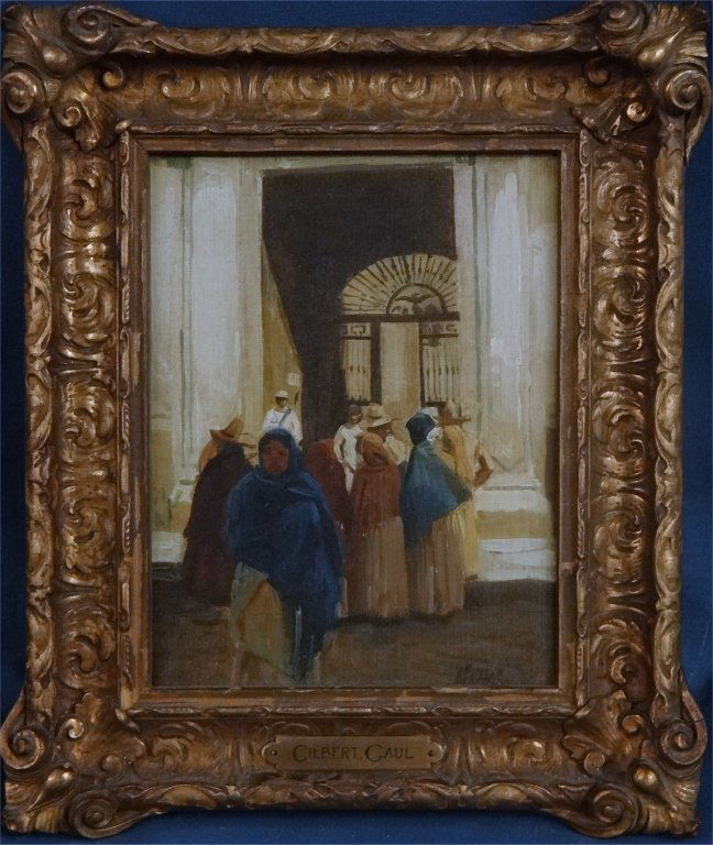 O/C SIGNED GAUL (GILBERT GAUL) 9" X 7": MEXICAN SOLDIERS WIVES WAITING AT THE BARRACKS DOOR