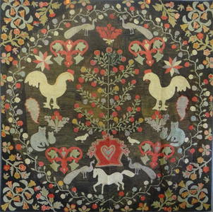 FOLK ART HOOKED RUG CHICKENS,CATS,HORSES,HEARTS