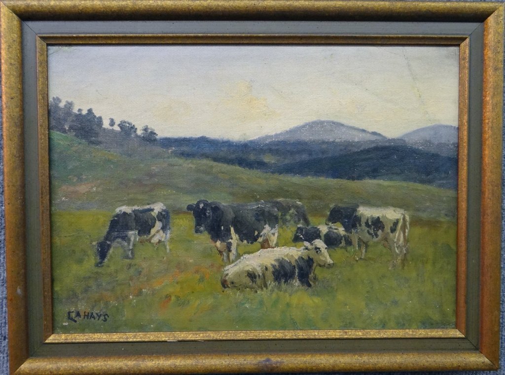 O/C LANDSCAPE WITH COWS SGND C.A. HAYS: 11" X 15 1/2'