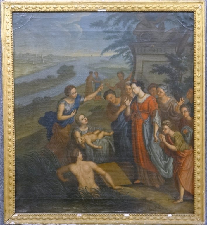 O/C "MOSES BEING PRESENTED TO PHAROHS DAUGHTER": UNSGND, 19THC. 35 5/8" X 31 5/8"