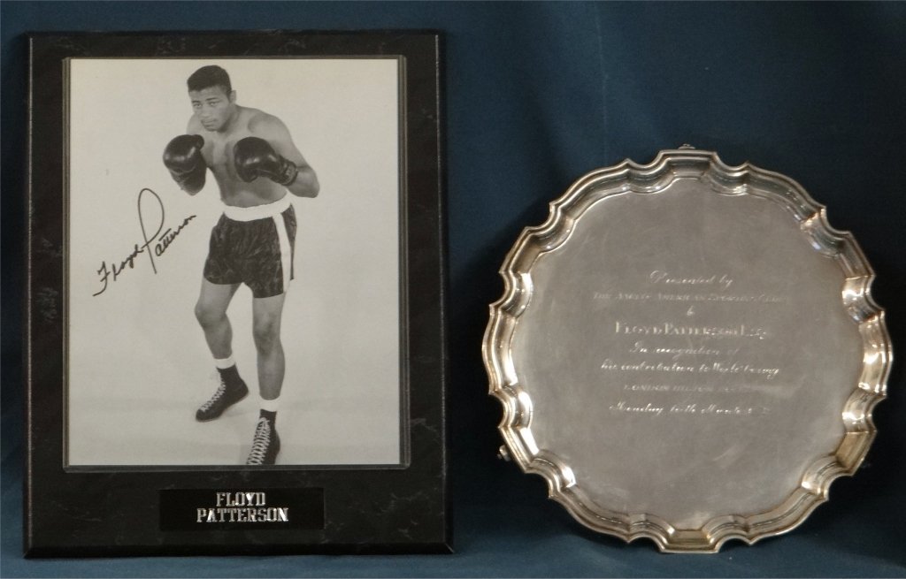 AUTOGRAPHED PHOTO OF FLOYD PATTERSON & 1972 TROPHY: ANGLO AMERICAN SPORTING CLUB TROPHY, 1972