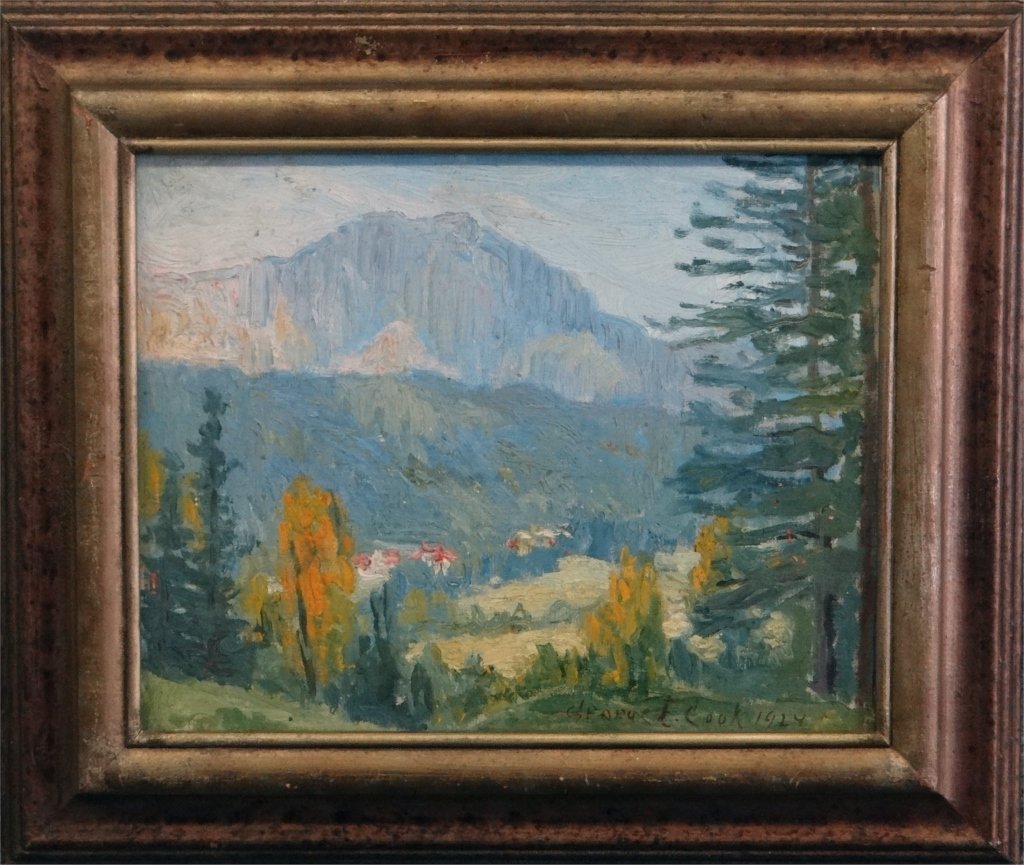 O/BD "WESTERN LANDSCAPE" SGND GEORGE E. COOK 1924: (GEORGE EZRA COOK) 11 1/4" X 14 1/2"